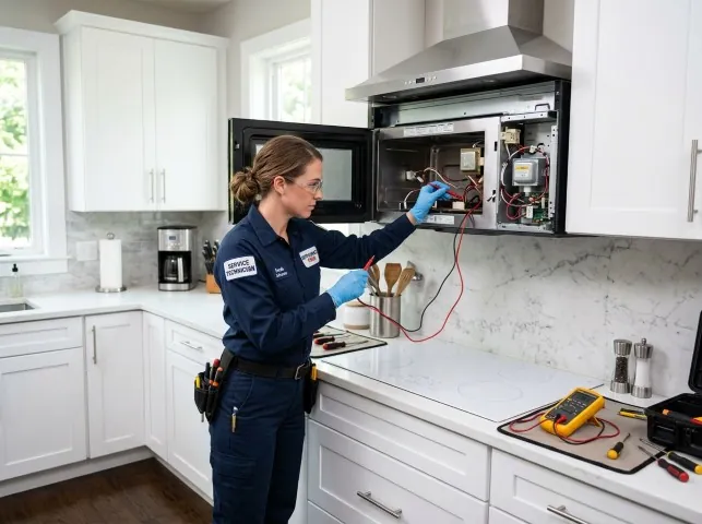 Appliance Repair Hero technician testing an over-the-range microwave in a Brewerton, NY kitchen